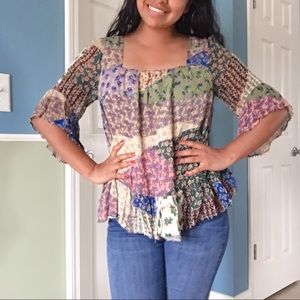 Anthropologie floral multi print patchwork blouse